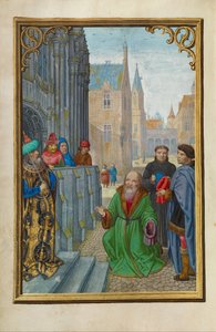 Jozef van Arimathea voor Pilatus door Simon Bening